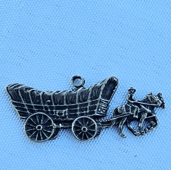 Handmade Jewelry - Vintage Sterling Silver Horse Drawn Covered Wagon Pendant Charm Signed